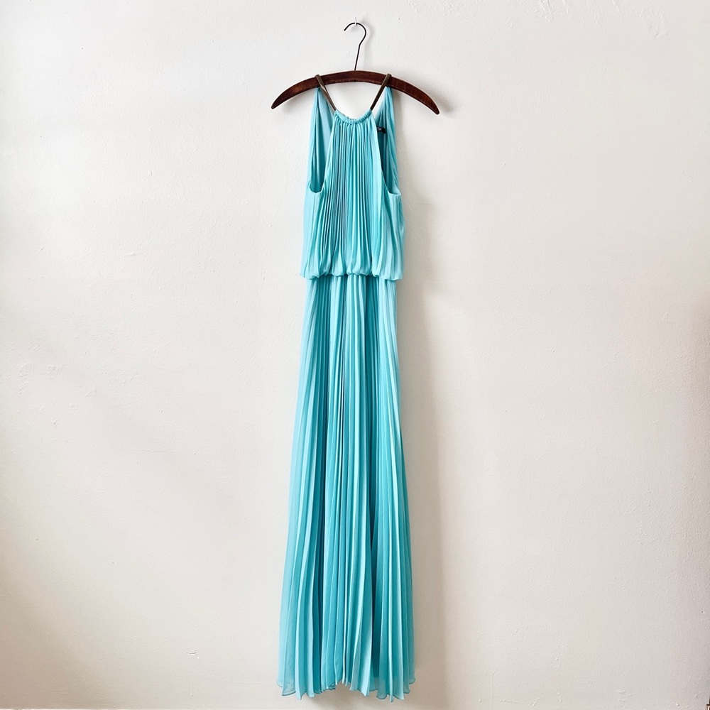 Maxi Pleated Bright Aquamarine Gown High Neck Gathered Waist Flowy M MSK